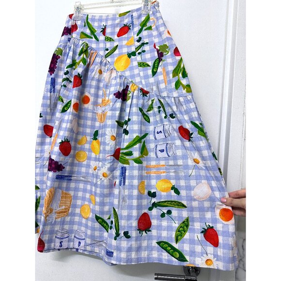 NWT Lisa Says Gah Maeve Picnic Alfresco Midi Skirt Food Vegetable Blue Gingham M - Picture 10 of 14